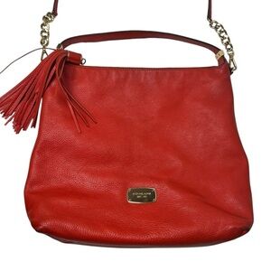 Michael Kors Hobo Bag Orange Red Soft Pebbled Leather with Tassel Large 2 Straps